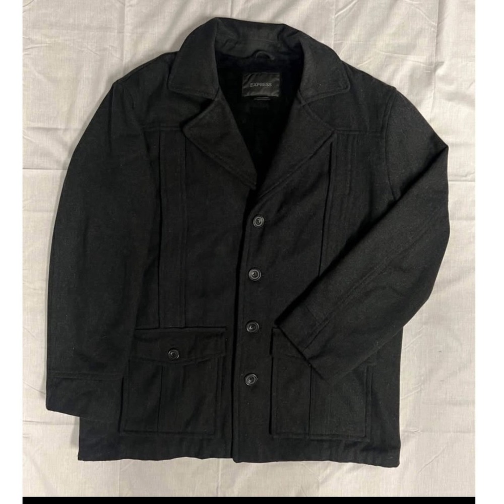 EXPRESS Mens Wool Blend Winter Coat Black Lined Collar Button Front XL
